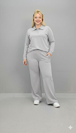 Kadın Büyük Beden Uzun Kollu Polo Yaka Eşofman Takımı 8212-26