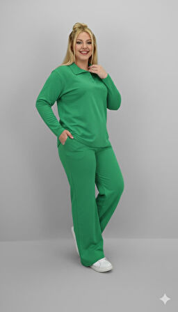 Kadın Büyük Beden Uzun Kollu Polo Yaka Eşofman Takımı 8212-26