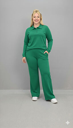 Kadın Büyük Beden Uzun Kollu Polo Yaka Eşofman Takımı 8212-26