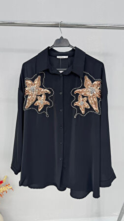 Kadın Büyük Beden Pul Payet İşlemeli Uzun Kollu Gömlek 1985-26