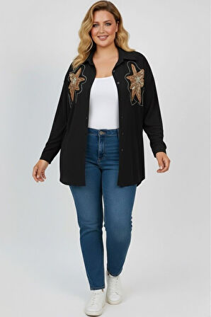 Kadın Büyük Beden Pul Payet İşlemeli Uzun Kollu Gömlek 1985-26