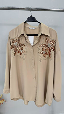 Kadın Büyük Beden Pul Payet İşlemeli Uzun Kollu Gömlek 1985-26