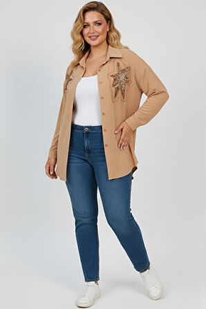 Kadın Büyük Beden Pul Payet İşlemeli Uzun Kollu Gömlek 1985-26