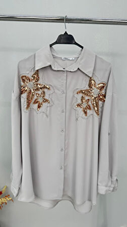 Kadın Büyük Beden Pul Payet İşlemeli Uzun Kollu Gömlek 1985-26