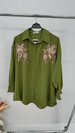 Kadın Büyük Beden Pul Payet İşlemeli Uzun Kollu Gömlek 1985-26