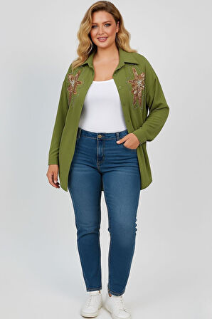 Kadın Büyük Beden Pul Payet İşlemeli Uzun Kollu Gömlek 1985-26