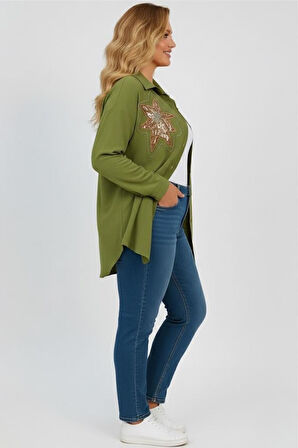 Kadın Büyük Beden Pul Payet İşlemeli Uzun Kollu Gömlek 1985-26