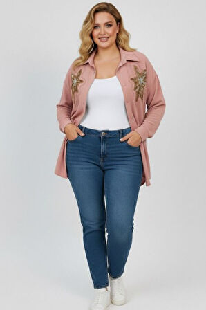 Kadın Büyük Beden Pul Payet İşlemeli Uzun Kollu Gömlek 1985-26