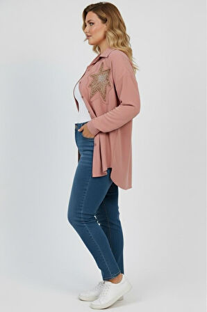 Kadın Büyük Beden Pul Payet İşlemeli Uzun Kollu Gömlek 1985-26