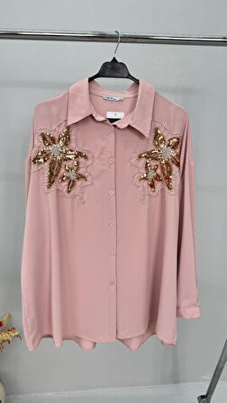 Kadın Büyük Beden Pul Payet İşlemeli Uzun Kollu Gömlek 1985-26