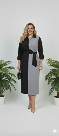 Kadın Büyük Beden Gömlek Yaka Bağlamalı Elbise 5399-26