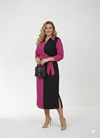 Kadın Büyük Beden Gömlek Yaka Bağlamalı Elbise 5399-26