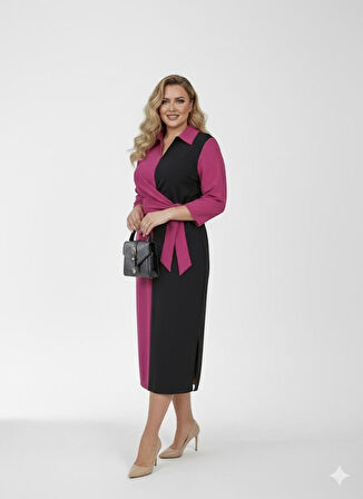 Kadın Büyük Beden Gömlek Yaka Bağlamalı Elbise 5399-26