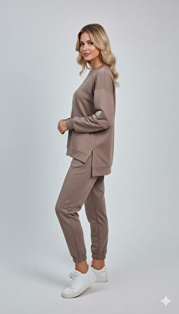 Kadın Bisiklet Yaka Uzun Kollu Etiket Detaylı Eşofman Takımı 4337-26