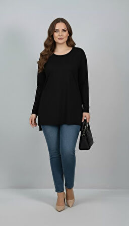 Kadın Büyük Beden Uzun Kollu Yırtmaçlı Basic Bluz 1984