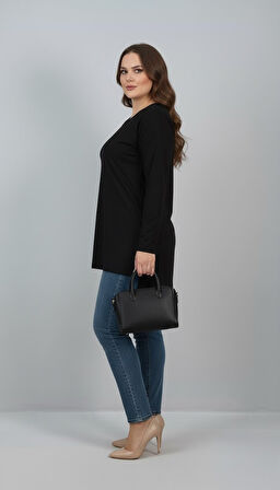 Kadın Büyük Beden Uzun Kollu Yırtmaçlı Basic Bluz 1984