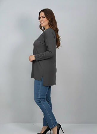 Kadın Büyük Beden Uzun Kollu Yırtmaçlı Basic Bluz 1984
