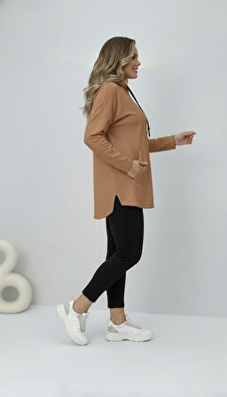 Kadın Büyük Beden Uzun Kollu Kapüşonlu Kanguru Cepli Sweatshirt 2016