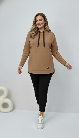 Kadın Büyük Beden Uzun Kollu Kapüşonlu Kanguru Cepli Sweatshirt 2016