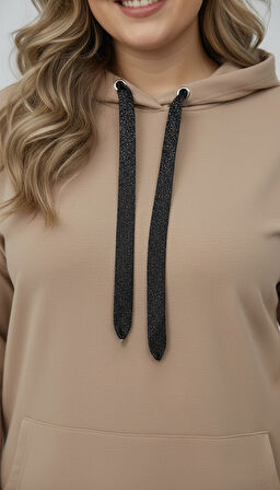 Kadın Büyük Beden Uzun Kollu Kapüşonlu Kanguru Cepli Sweatshirt 2016