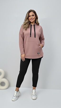 Kadın Büyük Beden Uzun Kollu Kapüşonlu Kanguru Cepli Sweatshirt 2016