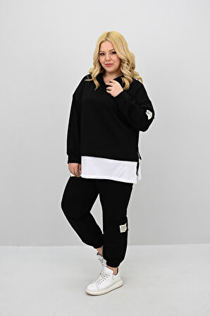 Kadın Büyük Beden Uzun Kollu Kapüşonlu Lastik Paça Eşofman Takımı 8180-25 (4253K)