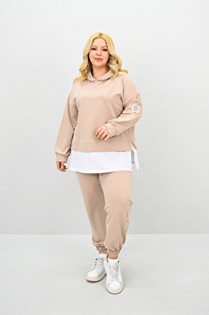 Kadın Büyük Beden Uzun Kollu Kapüşonlu Lastik Paça Eşofman Takımı 8180-25 (4253K)