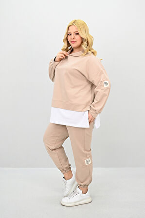 Kadın Büyük Beden Uzun Kollu Kapüşonlu Lastik Paça Eşofman Takımı 8180-25 (4253K)