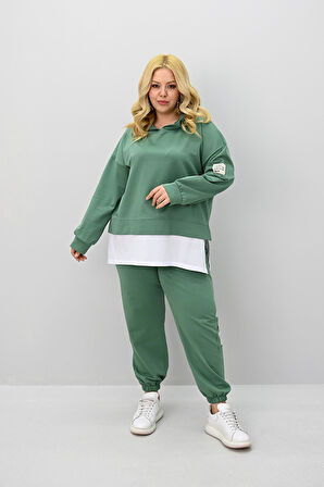 Kadın Büyük Beden Uzun Kollu Kapüşonlu Lastik Paça Eşofman Takımı 8180-25 (4253K)