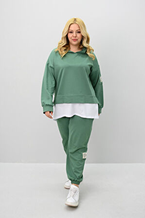 Kadın Büyük Beden Uzun Kollu Kapüşonlu Lastik Paça Eşofman Takımı 8180-25 (4253K)