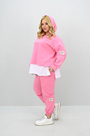 Kadın Büyük Beden Uzun Kollu Kapüşonlu Lastik Paça Eşofman Takımı 8180-25 (4253K)