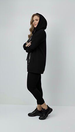 Kadın Büyük Beden Uzun Kollu Kapüşonlu Fermuar Detaylı Sweatshirt 2007