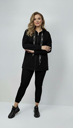 Kadın Büyük Beden Uzun Kollu Kapüşonlu Fermuar Detaylı Sweatshirt 2007