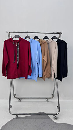 Kadın Büyük Beden Uzun Kollu Kapüşonlu Fermuar Detaylı Sweatshirt 2007