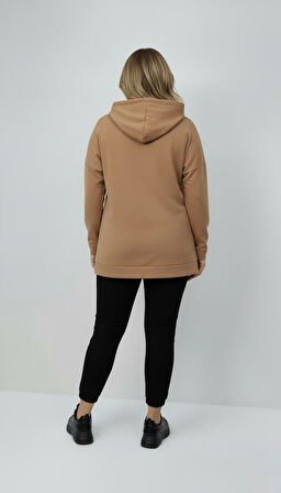 Kadın Büyük Beden Uzun Kollu Kapüşonlu Fermuar Detaylı Sweatshirt 2007