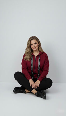 Kadın Büyük Beden Uzun Kollu Kapüşonlu Fermuar Detaylı Sweatshirt 2007