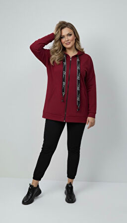 Kadın Büyük Beden Uzun Kollu Kapüşonlu Fermuar Detaylı Sweatshirt 2007