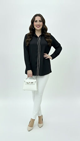 Kadın Büyük Beden Uzun Kollu Önde Ara Biye Detaylı Dökümlü Kumaş Gömlek 1991