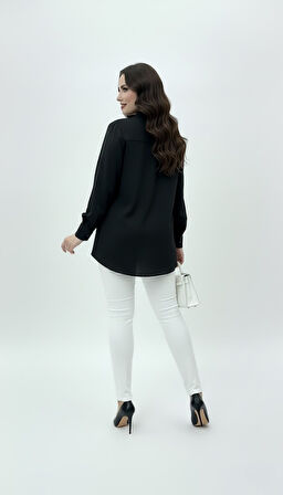 Kadın Büyük Beden Uzun Kollu Önde Ara Biye Detaylı Dökümlü Kumaş Gömlek 1991