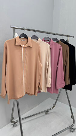 Kadın Büyük Beden Uzun Kollu Önde Ara Biye Detaylı Dökümlü Kumaş Gömlek 1991