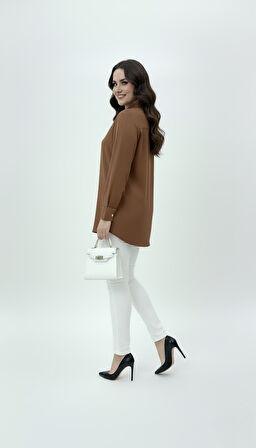 Kadın Büyük Beden Uzun Kollu Önde Ara Biye Detaylı Dökümlü Kumaş Gömlek 1991