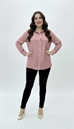 Kadın Büyük Beden Uzun Kollu Önde Ara Biye Detaylı Dökümlü Kumaş Gömlek 1991