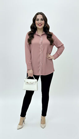 Kadın Büyük Beden Uzun Kollu Önde Ara Biye Detaylı Dökümlü Kumaş Gömlek 1991