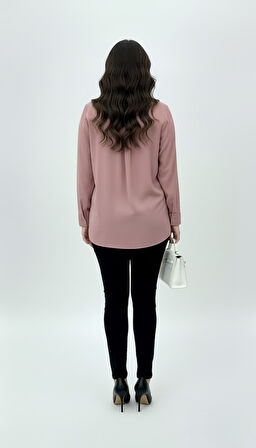 Kadın Büyük Beden Uzun Kollu Önde Ara Biye Detaylı Dökümlü Kumaş Gömlek 1991