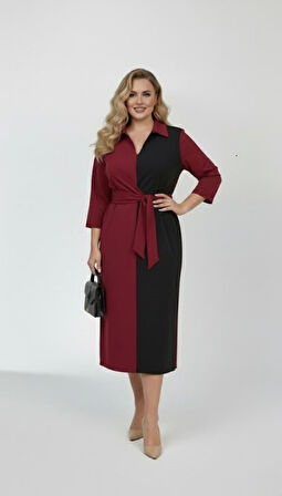 Kadın Büyük Beden Gömlek Yaka Bağlamalı Elbise 5399-26