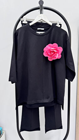 Kadın Büyük Beden Truvakar Kol Çiçek Detaylı İki İplik Eşofman Takımı 8224-26