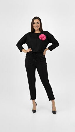 Kadın Büyük Beden Truvakar Kol Çiçek Detaylı İki İplik Eşofman Takımı 8224-26