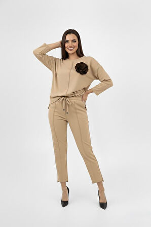 Kadın Büyük Beden Truvakar Kol Çiçek Detaylı İki İplik Eşofman Takımı 8224-26