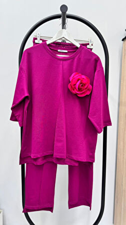 Kadın Büyük Beden Truvakar Kol Çiçek Detaylı İki İplik Eşofman Takımı 8224-26