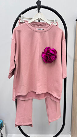 Kadın Büyük Beden Truvakar Kol Çiçek Detaylı İki İplik Eşofman Takımı 8224-26